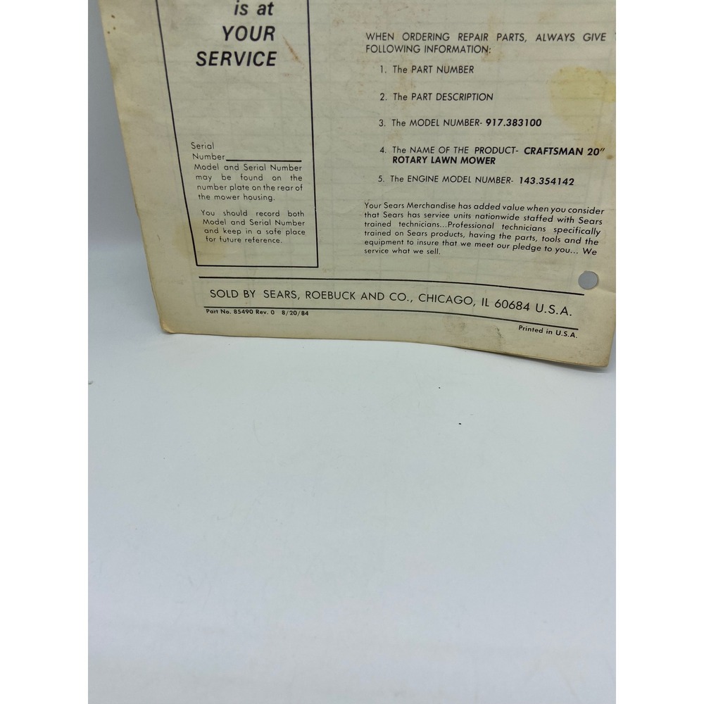 Craftsman Lawn Mower Owners Manual 917383100 Rear Bagger 20 Inch 1984 Vintage - Picture 4 of 9